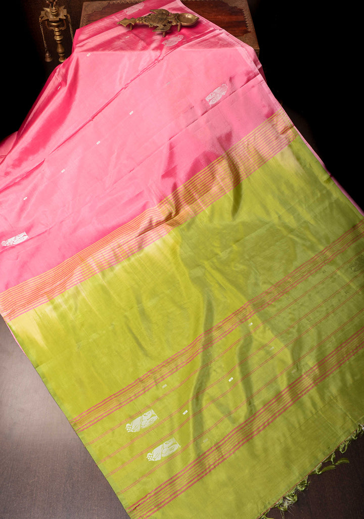 Rose Pink Borderless Vegan Silk Handloom Saree with Resham Motifs and Contrast Pallu, No Blouse Piece
