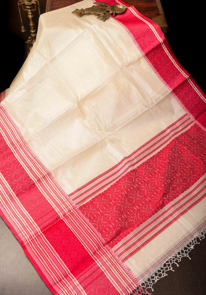 Off White Bengal Cotton Saree With Wide Red Intricately Woven Border