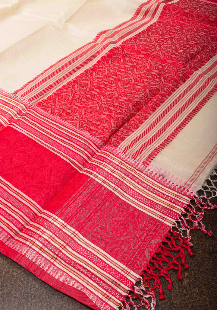 Off White Bengal Cotton Saree With Wide Red Intricately Woven Border