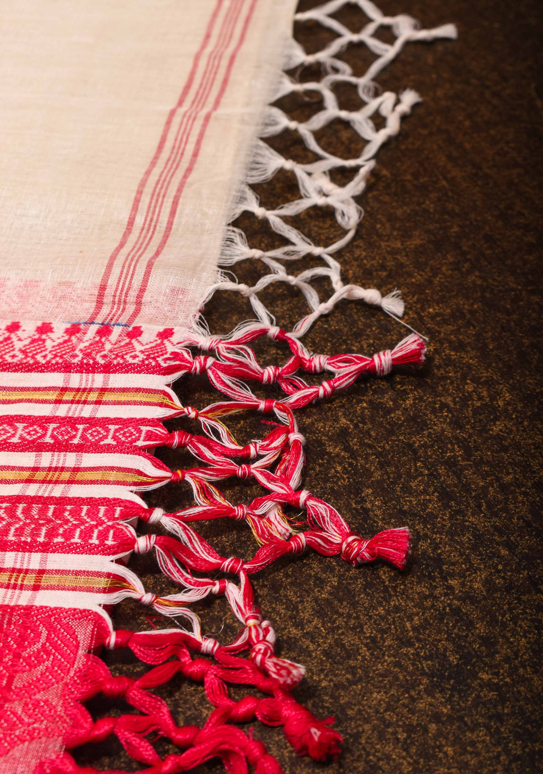 Off White Bengal Cotton Saree With Wide Red Intricately Woven Border