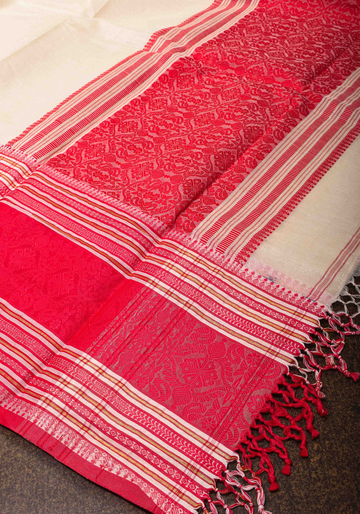 Off White Bengal Cotton Saree With Wide Red Intricately Woven Border
