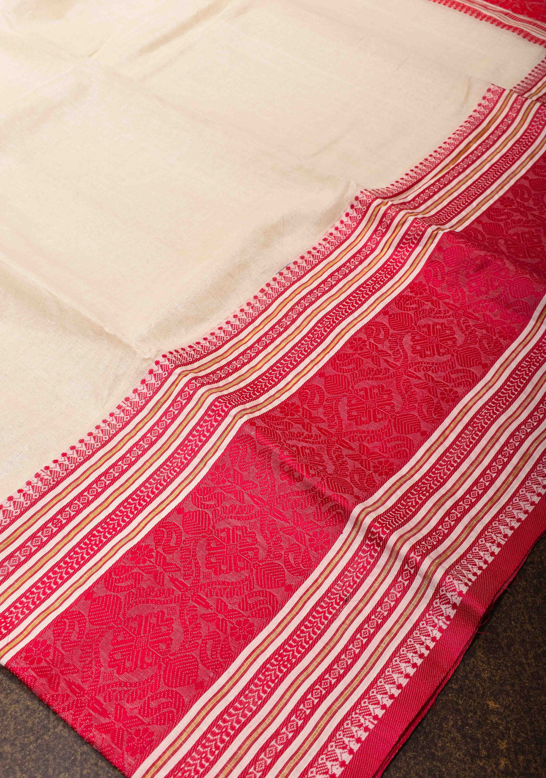 Off White Bengal Cotton Saree With Wide Red Intricately Woven Border
