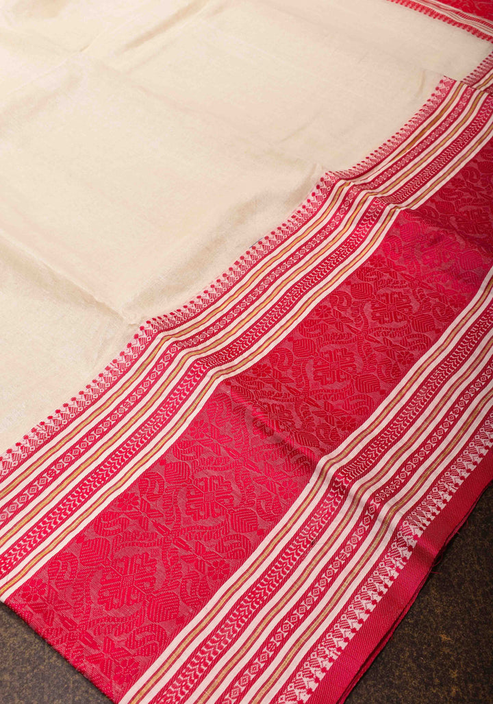 Off White Bengal Cotton Saree With Wide Red Intricately Woven Border