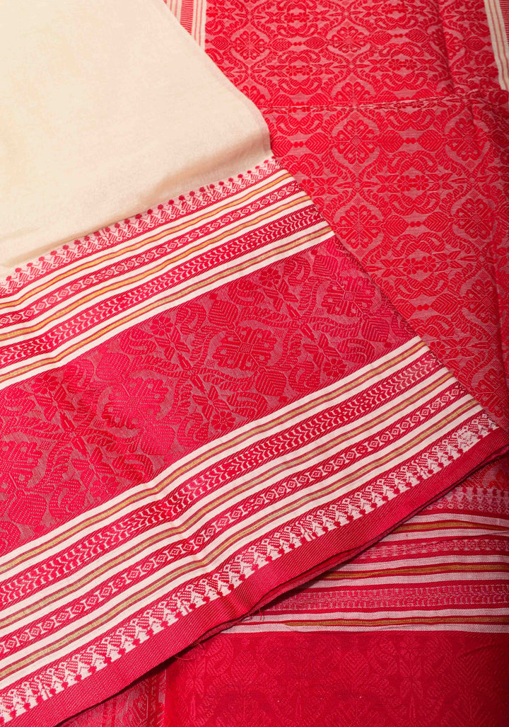 Off White Bengal Cotton Saree With Wide Red Intricately Woven Border