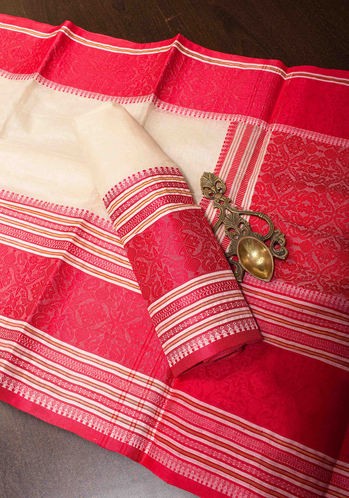 Off White Bengal Cotton Saree With Wide Red Intricately Woven Border