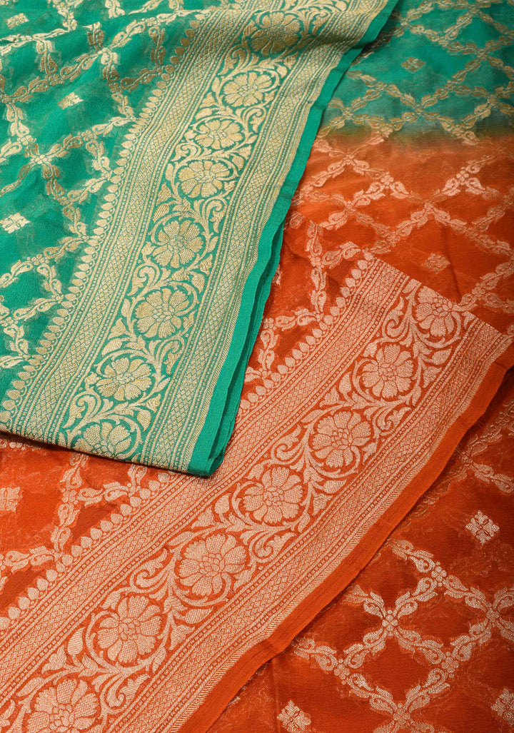 Ombre Shaded Pure Silk Georgette Banarasi Saree with Jaal Design | SILK MARK CERTIFIED