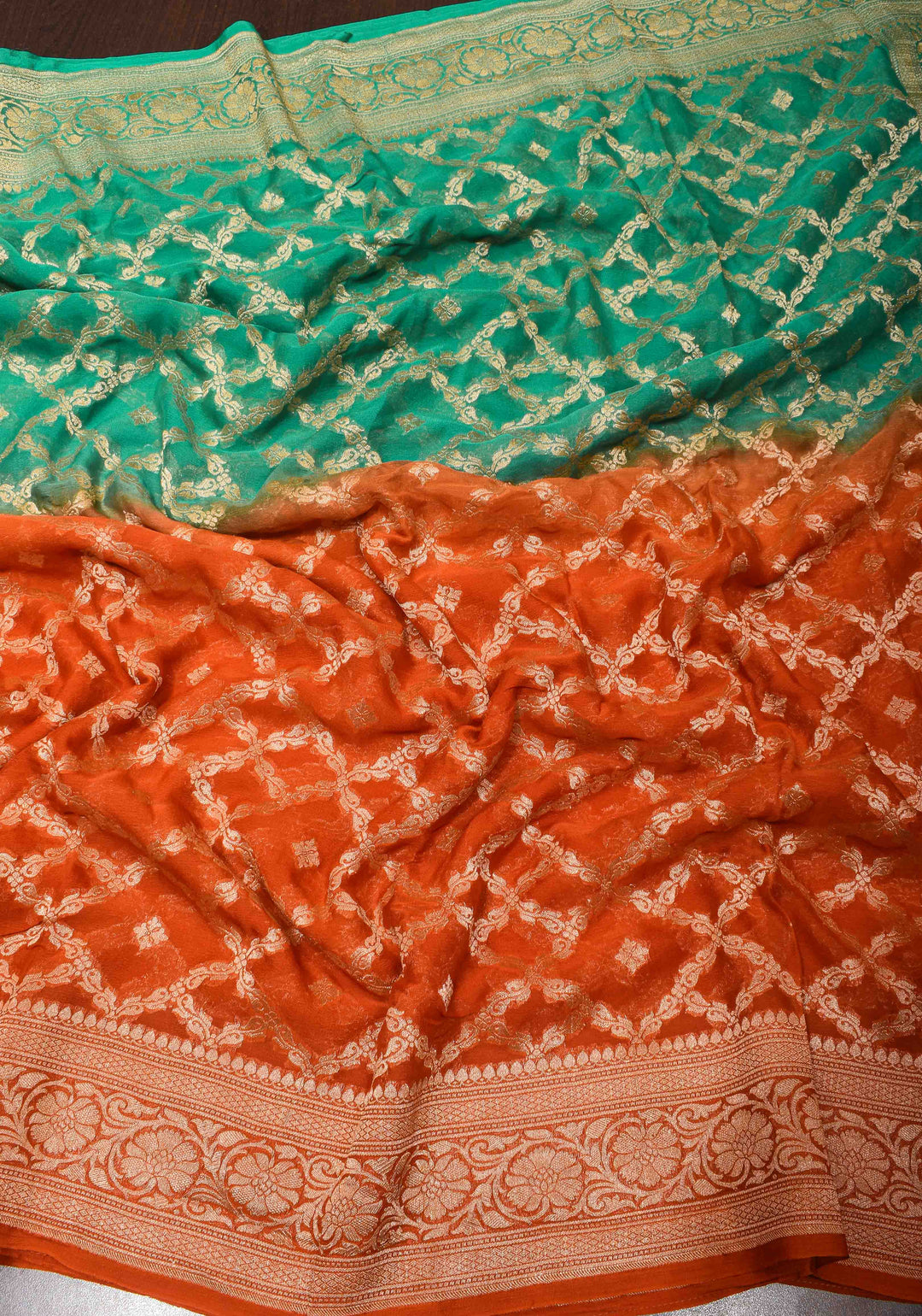 Ombre Shaded Pure Silk Georgette Banarasi Saree with Jaal Design | SILK MARK CERTIFIED
