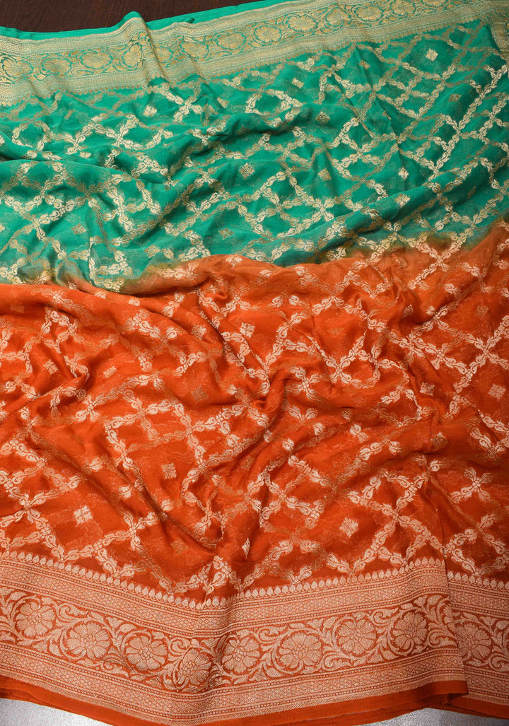 Ombre Shaded Pure Silk Georgette Banarasi Saree with Jaal Design | SILK MARK CERTIFIED