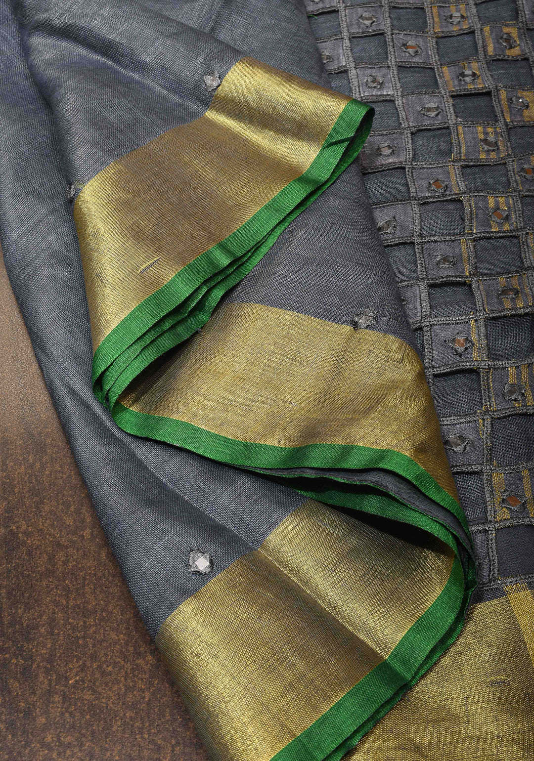 Jaali Pallu - Linen by Linen Cutwork and Mirrorwork Saree in Gray and Zari Border