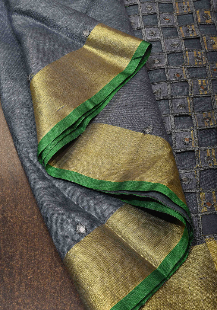 Jaali Pallu - Linen by Linen Cutwork and Mirrorwork Saree in Gray and Zari Border