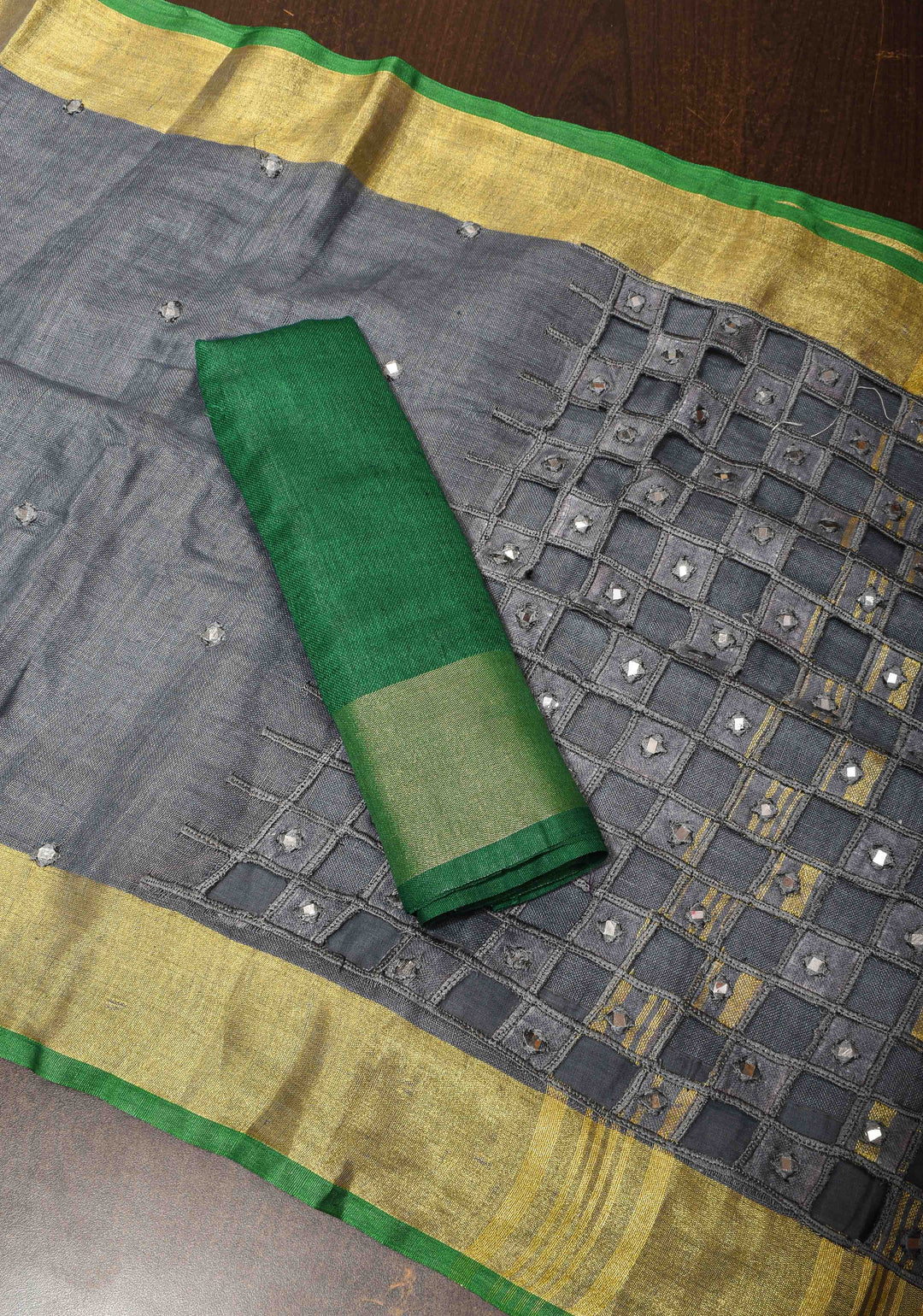 Jaali Pallu - Linen by Linen Cutwork and Mirrorwork Saree in Gray and Zari Border