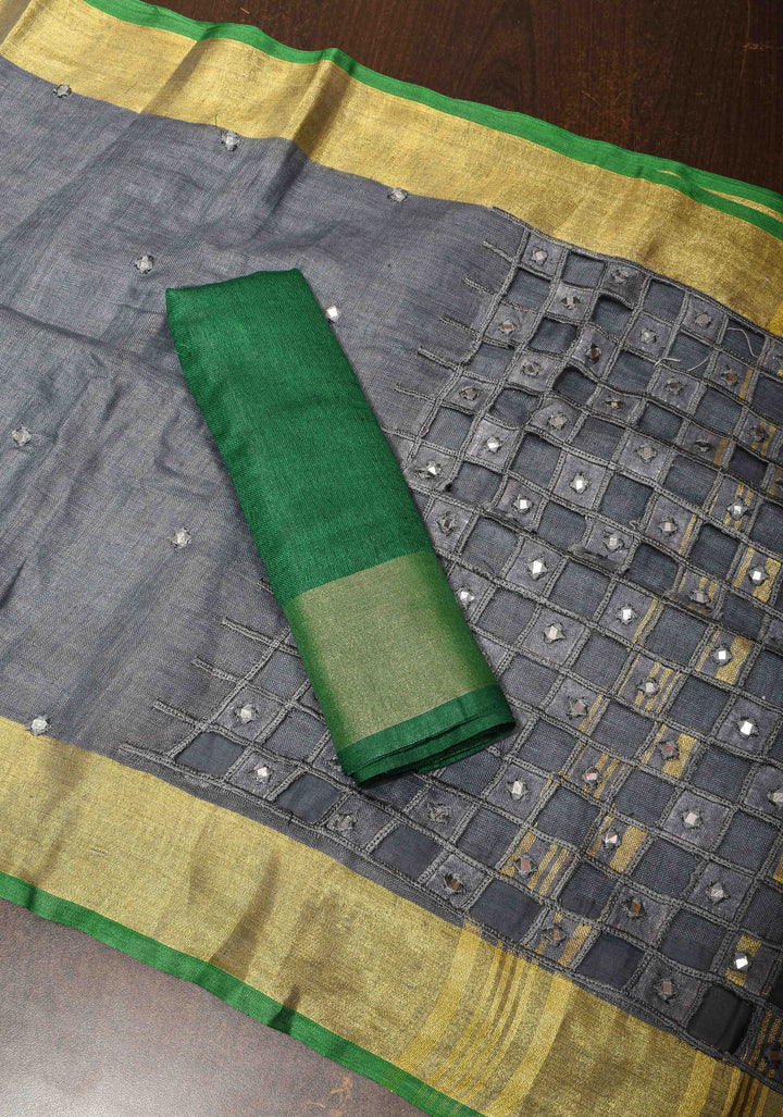 Jaali Pallu - Linen by Linen Cutwork and Mirrorwork Saree in Gray and Zari Border