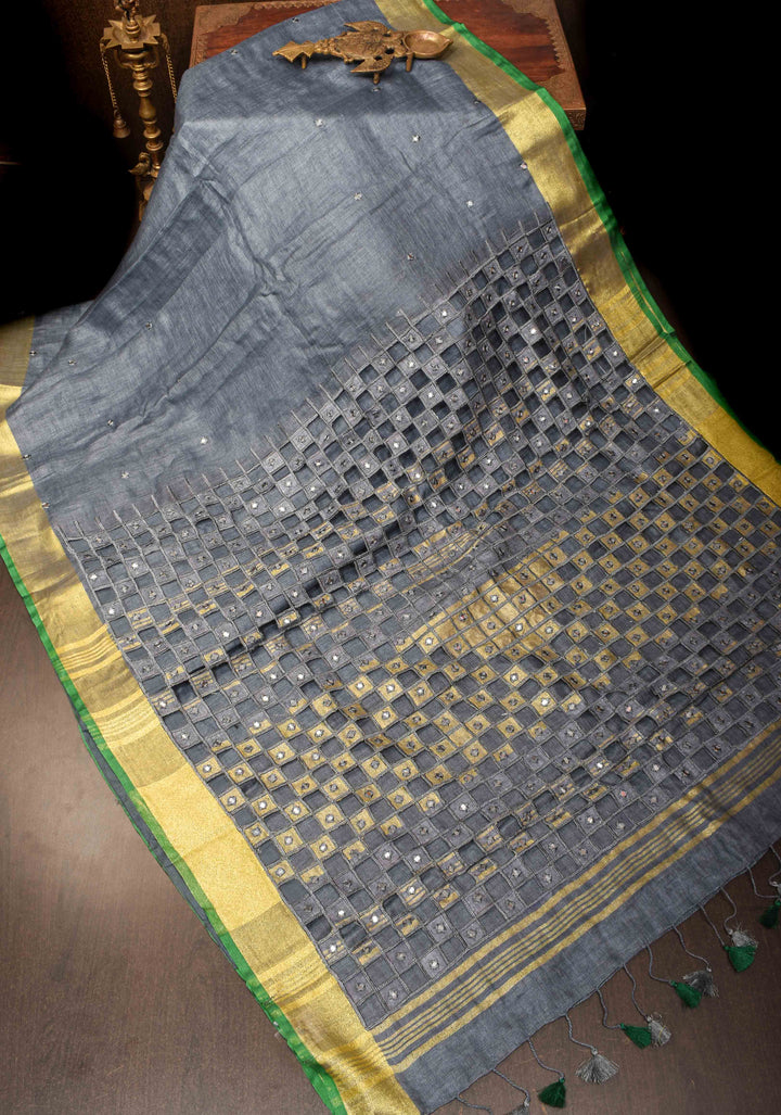 Jaali Pallu - Linen by Linen Cutwork and Mirrorwork Saree in Gray and Zari Border