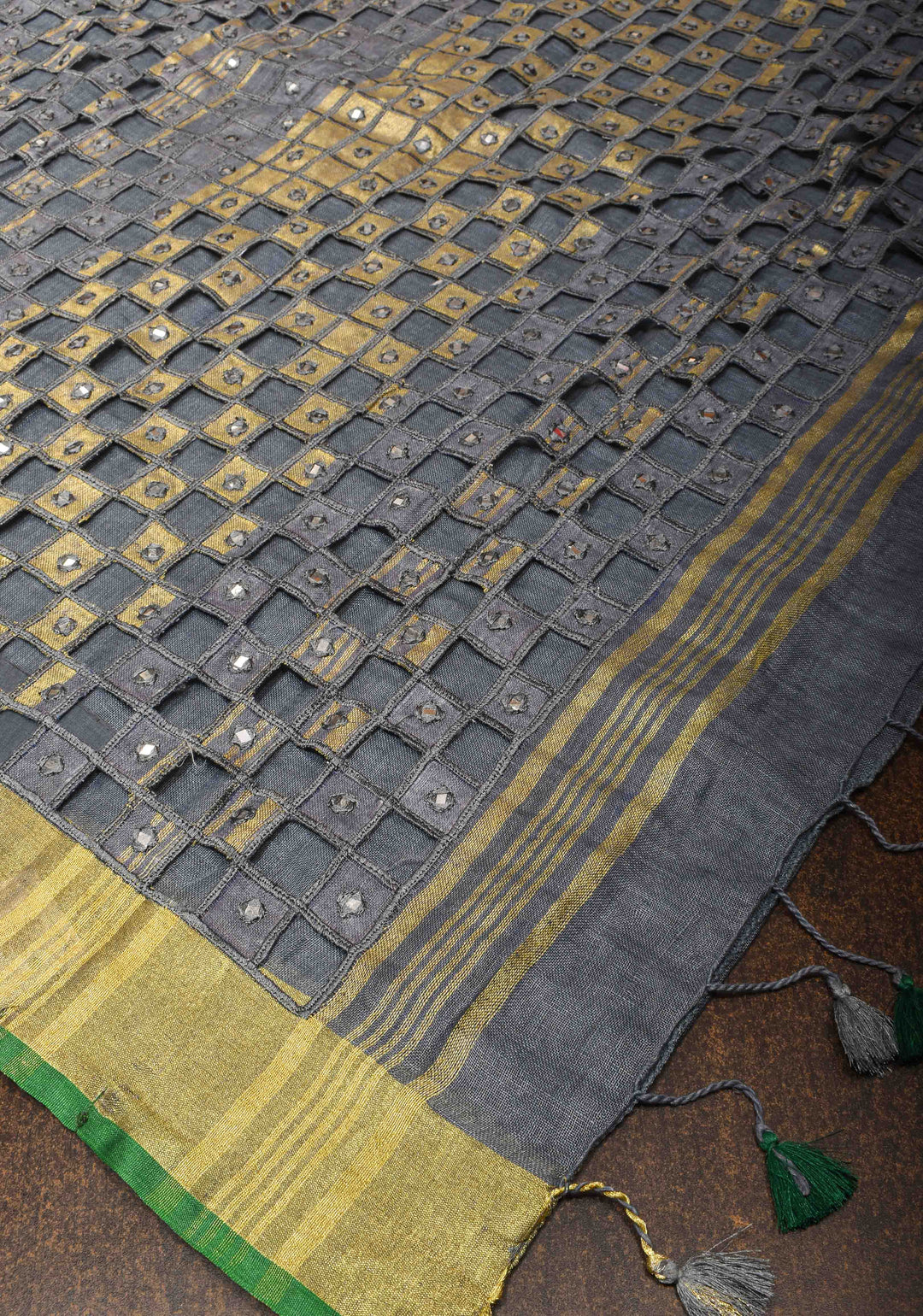Jaali Pallu - Linen by Linen Cutwork and Mirrorwork Saree in Gray and Zari Border