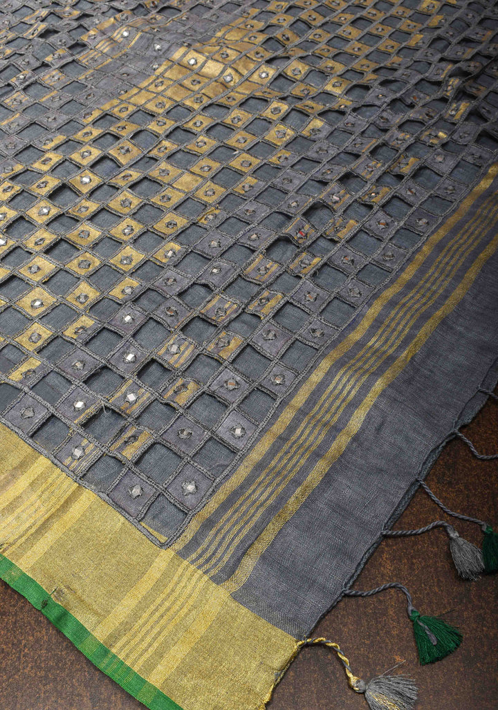 Jaali Pallu - Linen by Linen Cutwork and Mirrorwork Saree in Gray and Zari Border