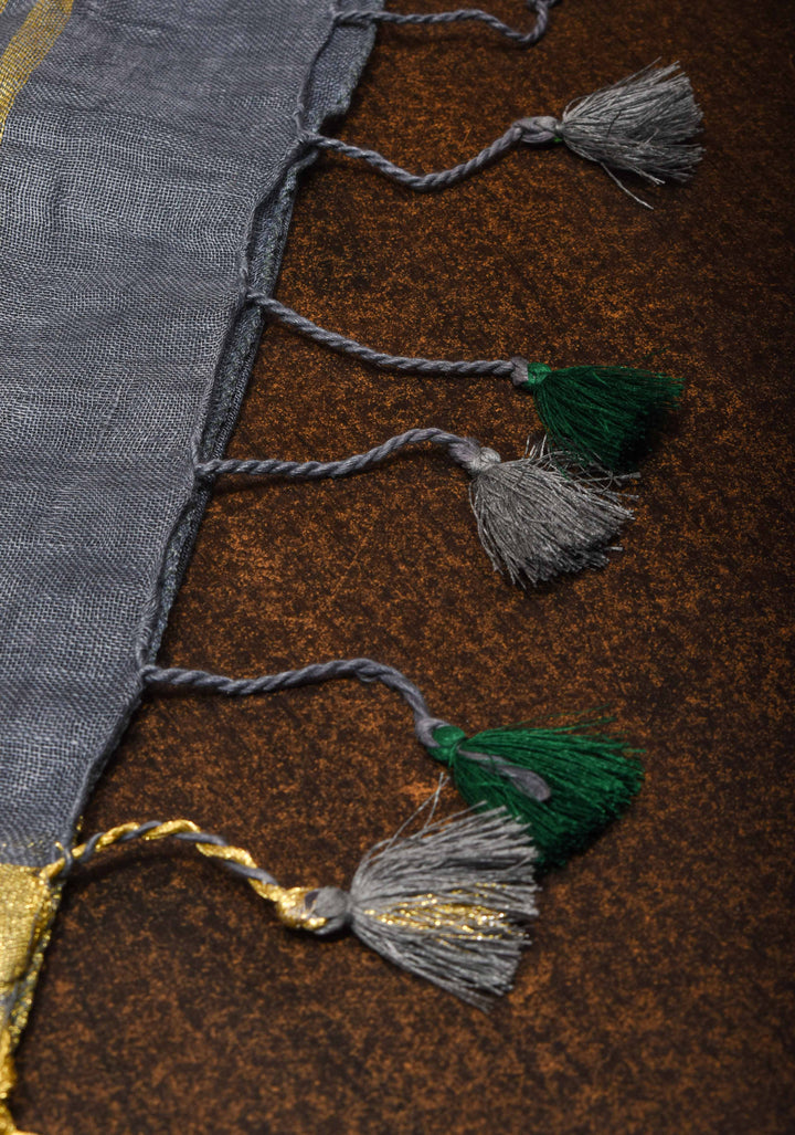 Jaali Pallu - Linen by Linen Cutwork and Mirrorwork Saree in Gray and Zari Border