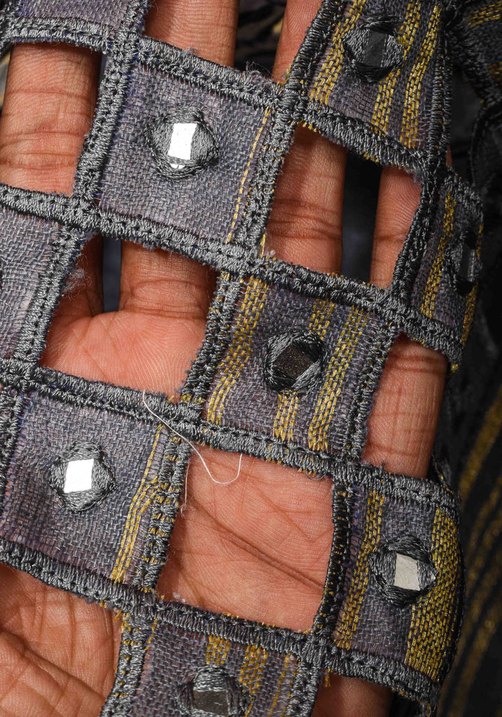 Jaali Pallu - Linen by Linen Cutwork and Mirrorwork Saree in Gray and Zari Border