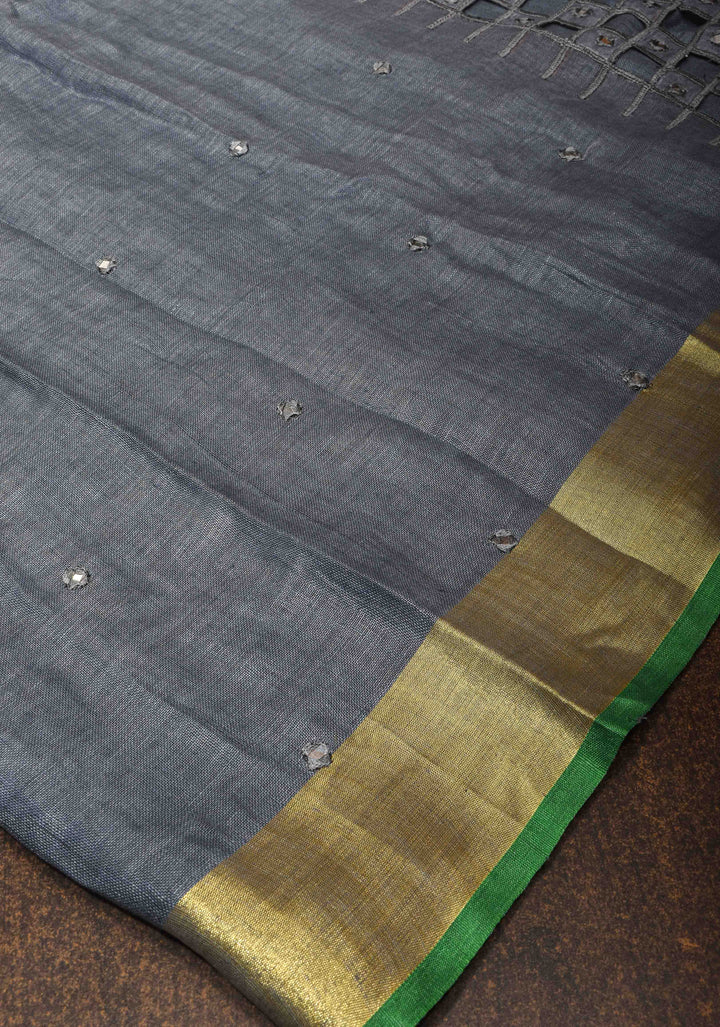 Jaali Pallu - Linen by Linen Cutwork and Mirrorwork Saree in Gray and Zari Border