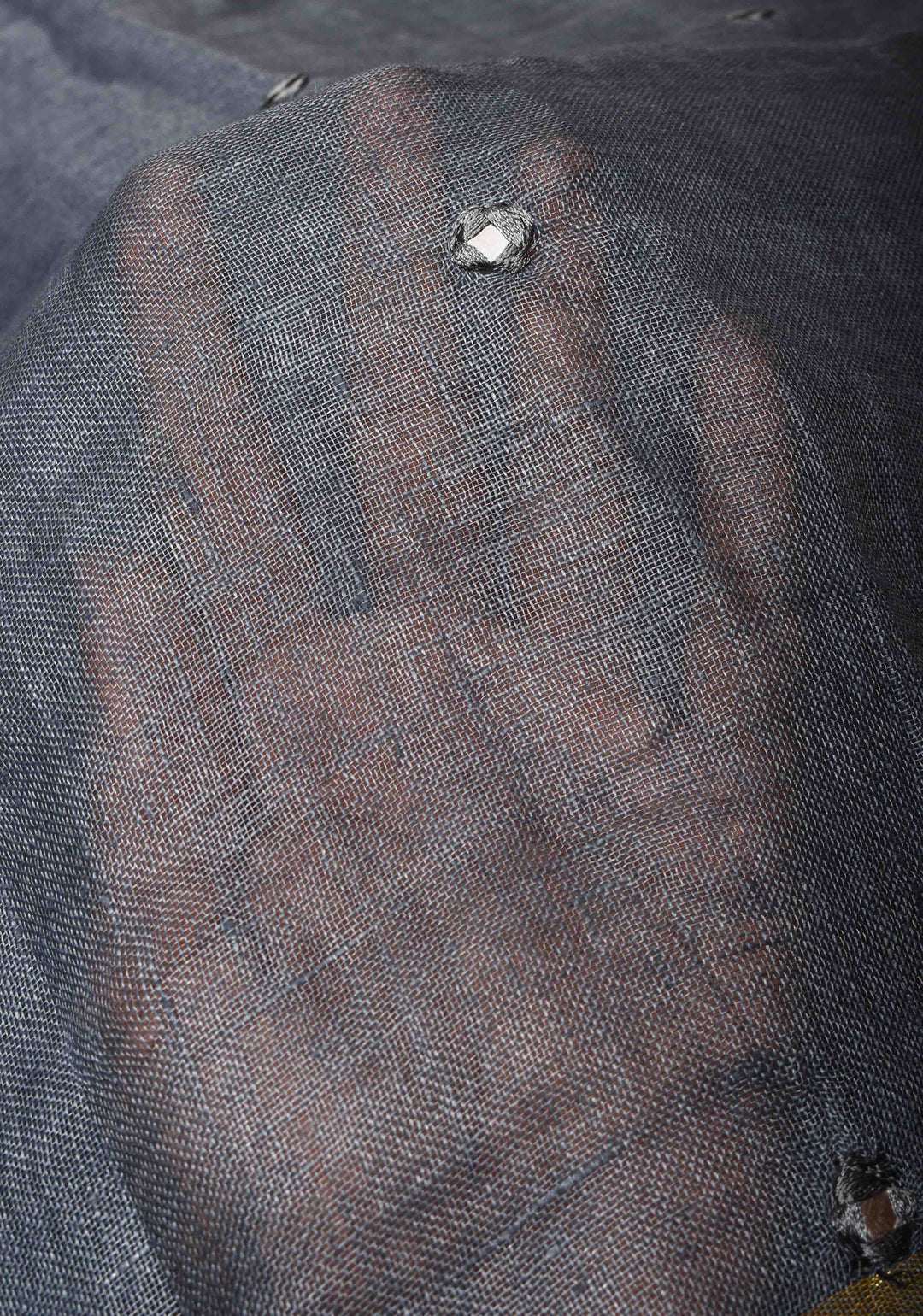 Jaali Pallu - Linen by Linen Cutwork and Mirrorwork Saree in Gray and Zari Border