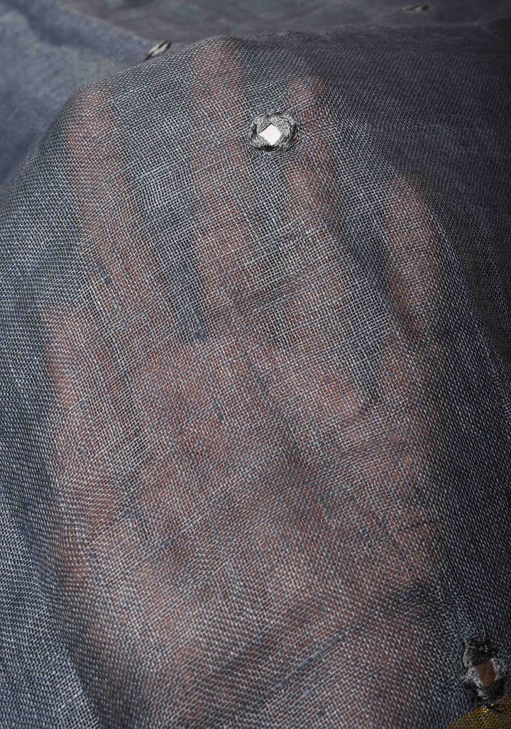 Jaali Pallu - Linen by Linen Cutwork and Mirrorwork Saree in Gray and Zari Border