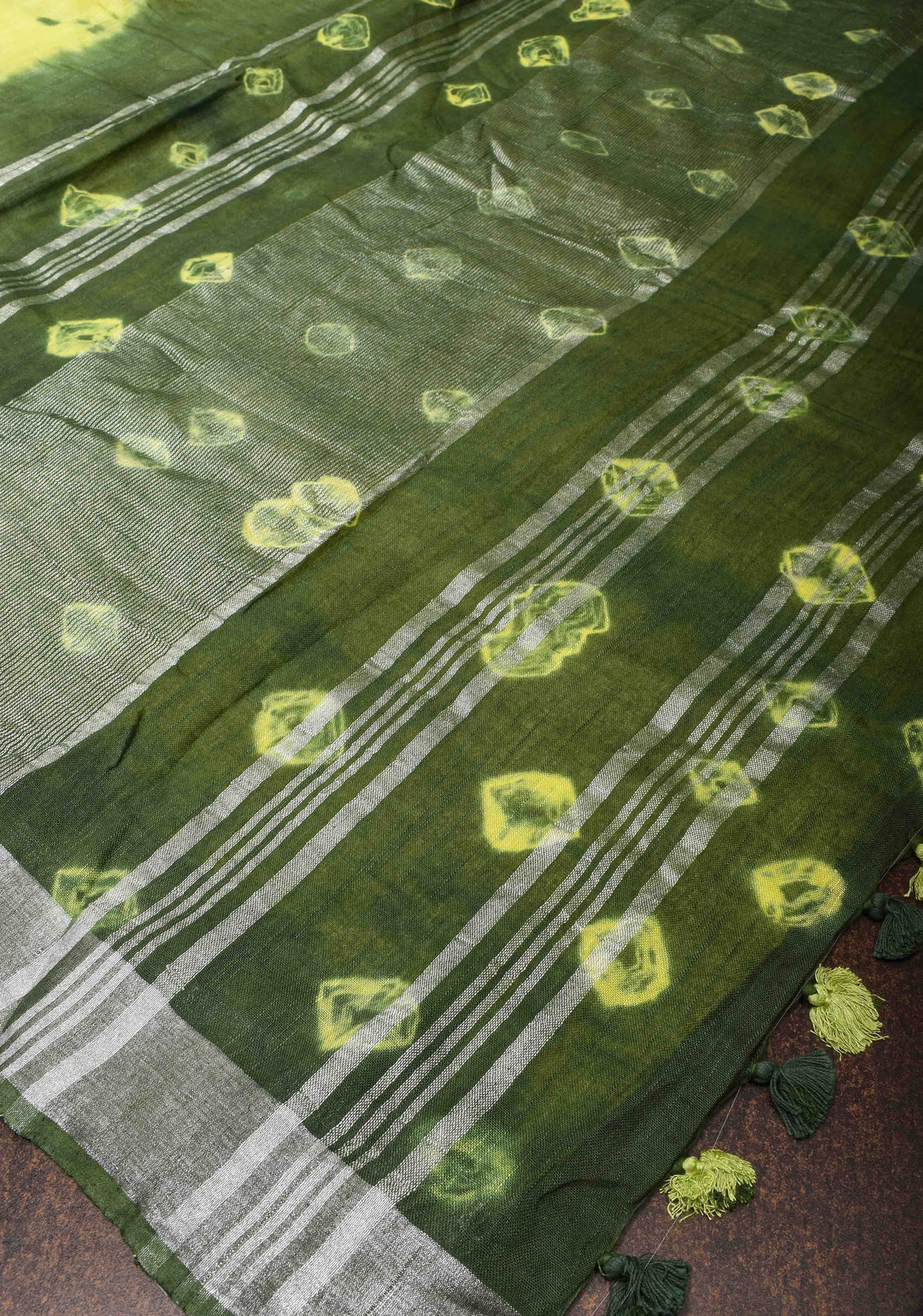 Shibori in Yellow and Green on Pure Linen by Linen Saree with Zari Border and Bandhej on Pallu