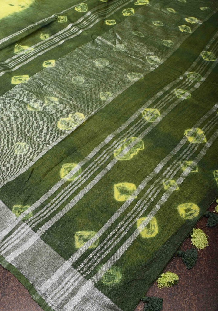 Shibori in Yellow and Green on Pure Linen by Linen Saree with Zari Border and Bandhej on Pallu