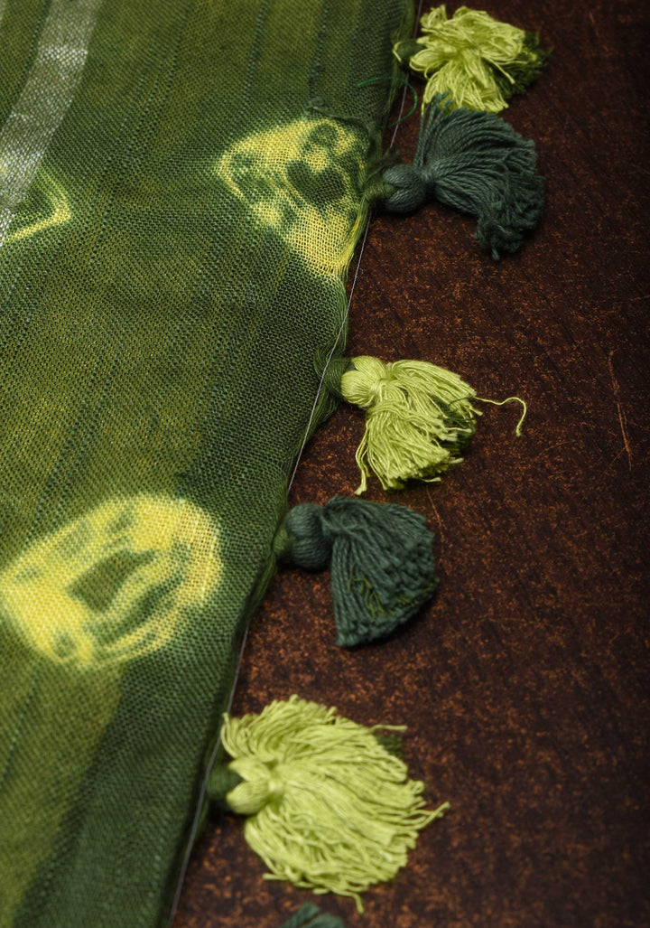 Shibori in Yellow and Green on Pure Linen by Linen Saree with Zari Border and Bandhej on Pallu