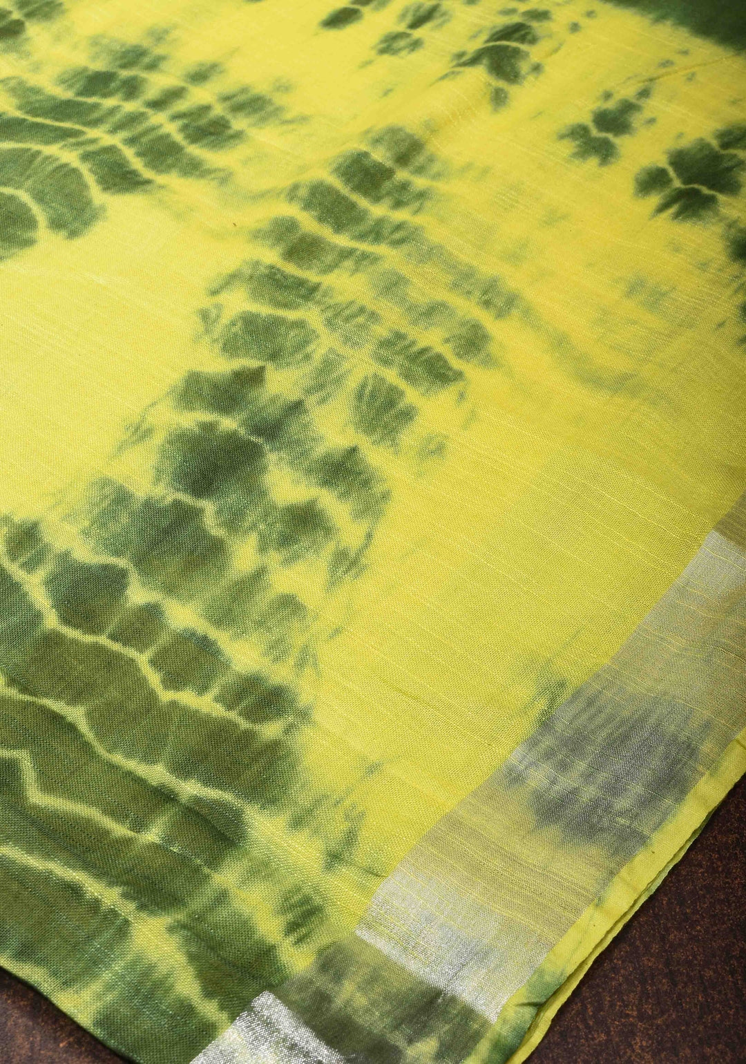 Shibori in Yellow and Green on Pure Linen by Linen Saree with Zari Border and Bandhej on Pallu