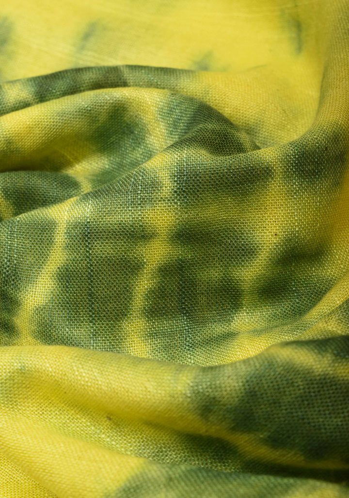 Shibori in Yellow and Green on Pure Linen by Linen Saree with Zari Border and Bandhej on Pallu