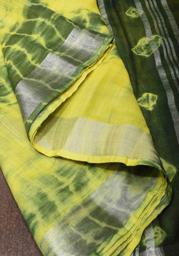 Shibori in Yellow and Green on Pure Linen by Linen Saree with Zari Border and Bandhej on Pallu
