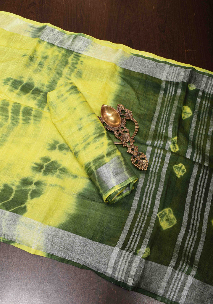 Shibori in Yellow and Green on Pure Linen by Linen Saree with Zari Border and Bandhej on Pallu
