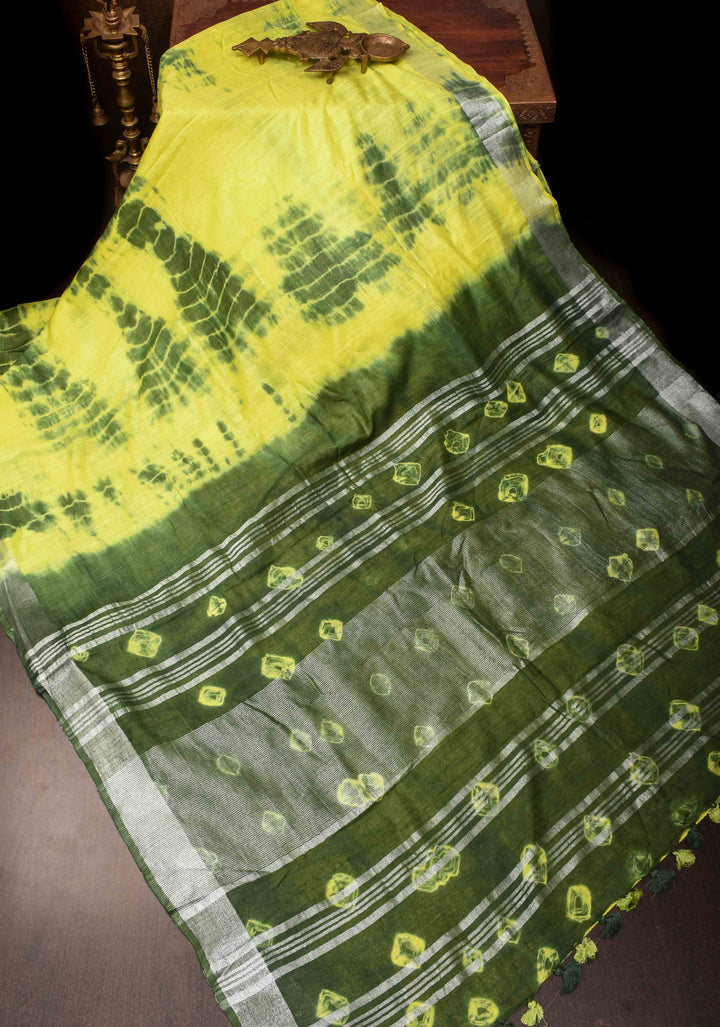 Shibori in Yellow and Green on Pure Linen by Linen Saree with Zari Border and Bandhej on Pallu