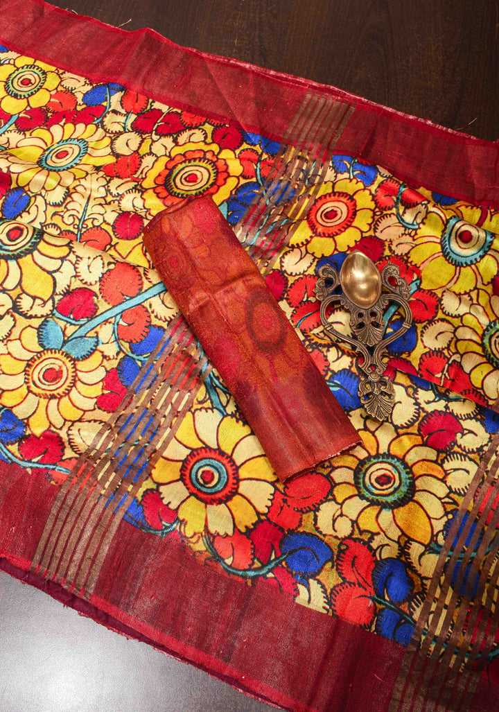 Tussar Raw Silk Saree in Multicolor with Kalamkari digital print | SILK MARK CERTIFIED