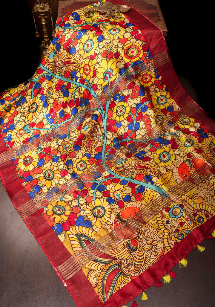 Tussar Raw Silk Saree in Multicolor with Kalamkari digital print | SILK MARK CERTIFIED