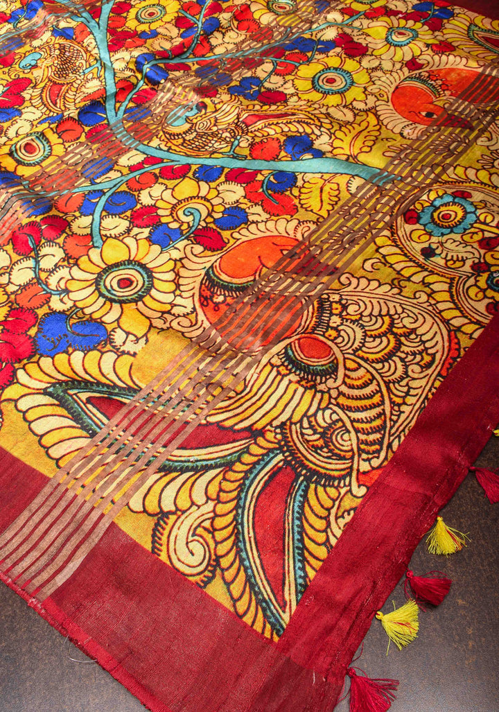 Tussar Raw Silk Saree in Multicolor with Kalamkari digital print | SILK MARK CERTIFIED
