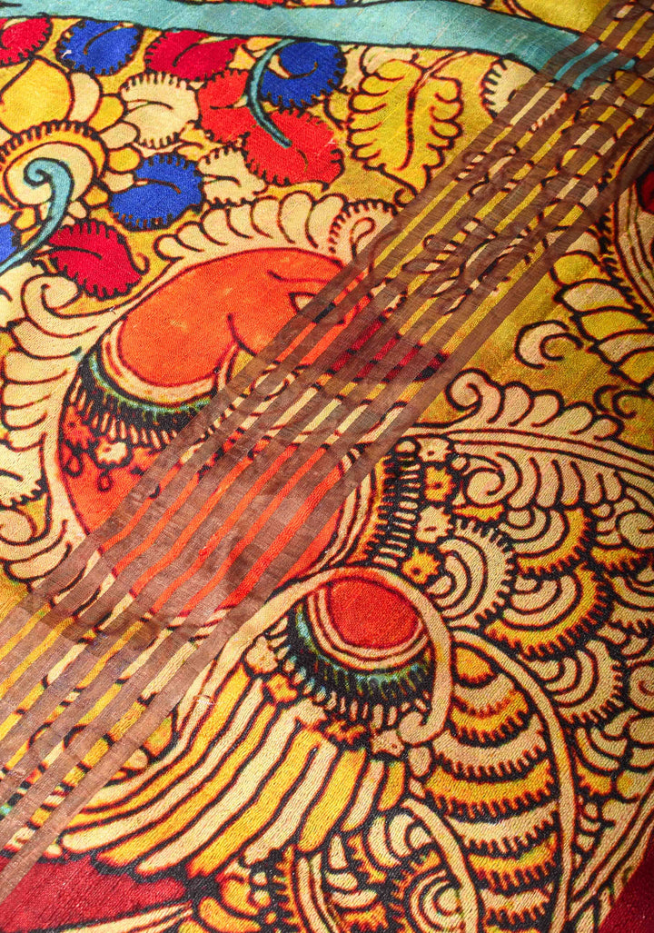 Tussar Raw Silk Saree in Multicolor with Kalamkari digital print | SILK MARK CERTIFIED