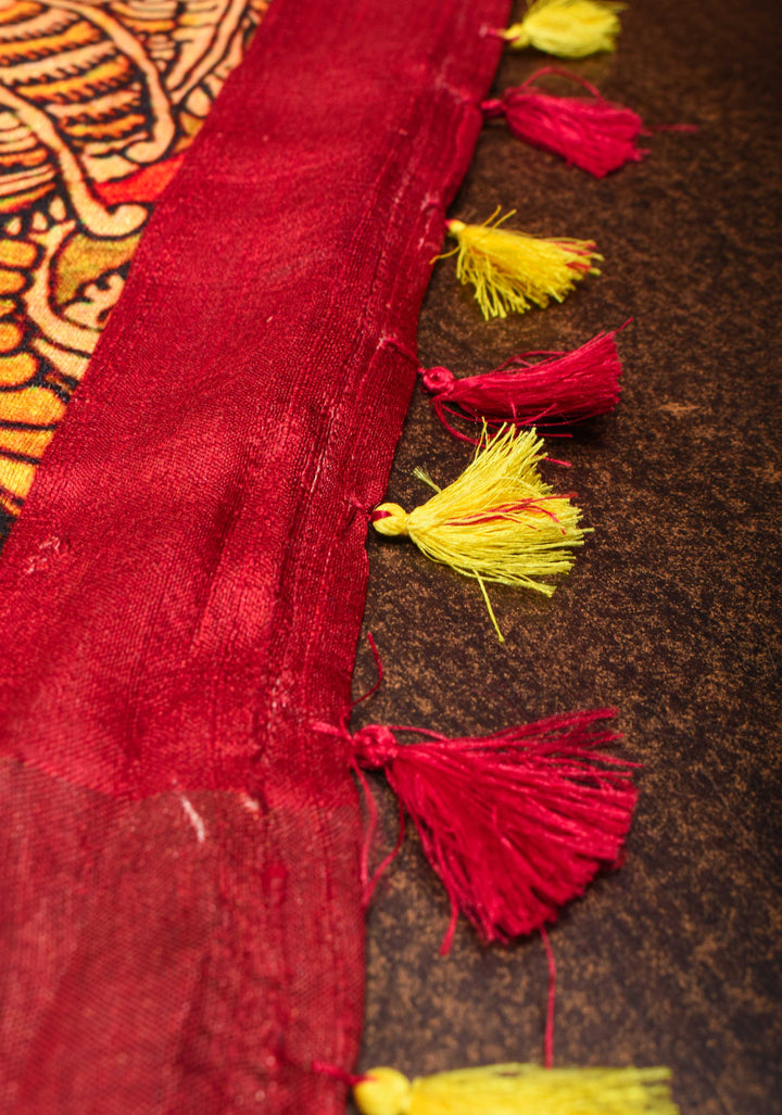 Tussar Raw Silk Saree in Multicolor with Kalamkari digital print | SILK MARK CERTIFIED