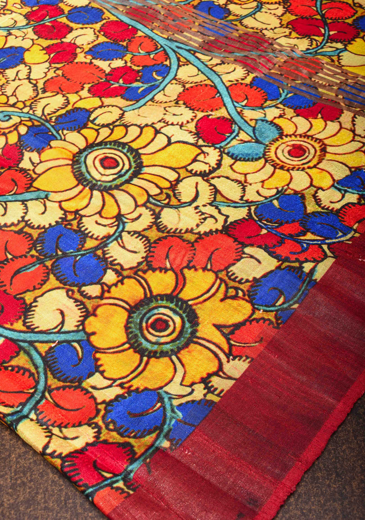 Tussar Raw Silk Saree in Multicolor with Kalamkari digital print | SILK MARK CERTIFIED