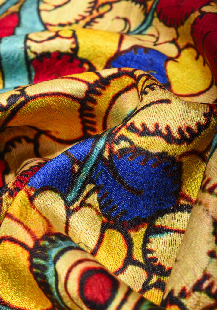 Tussar Raw Silk Saree in Multicolor with Kalamkari digital print | SILK MARK CERTIFIED