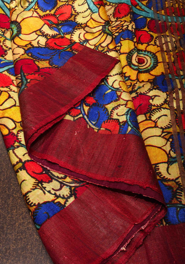 Tussar Raw Silk Saree in Multicolor with Kalamkari digital print | SILK MARK CERTIFIED