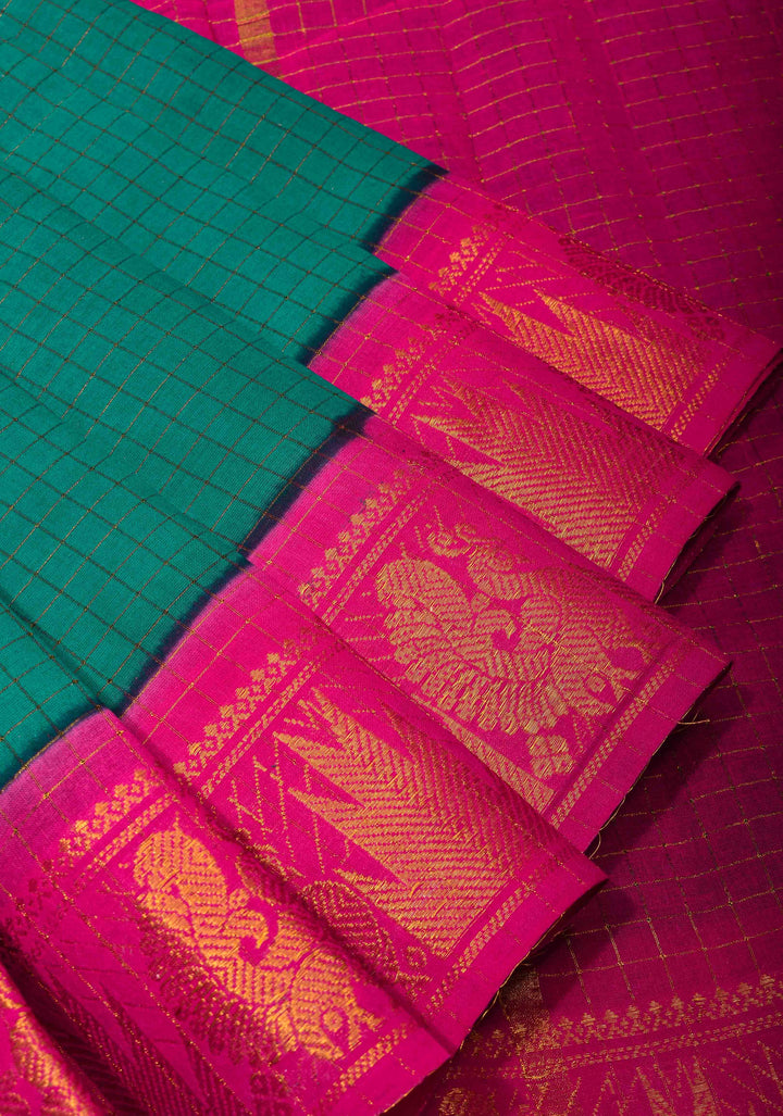 Teal Madurai Cotton Saree with Checks and Contrast Border, No Blouse Piece