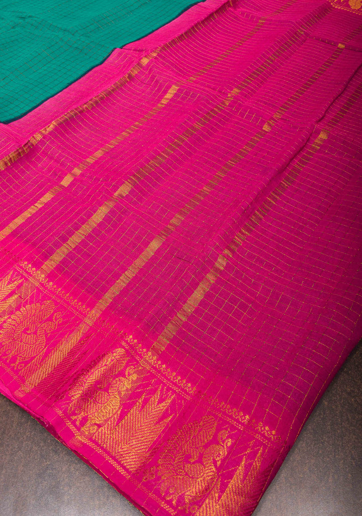 Teal Madurai Cotton Saree with Checks and Contrast Border, No Blouse Piece