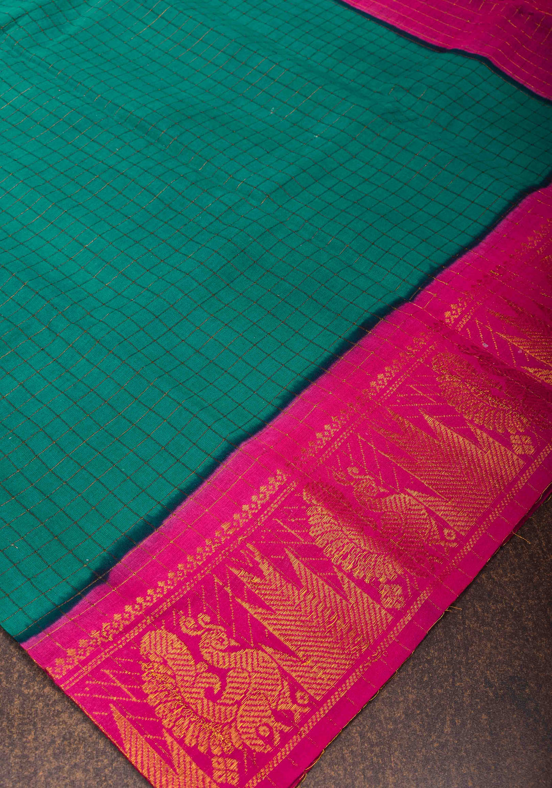 Teal Madurai Cotton Saree with Checks and Contrast Border, No Blouse Piece