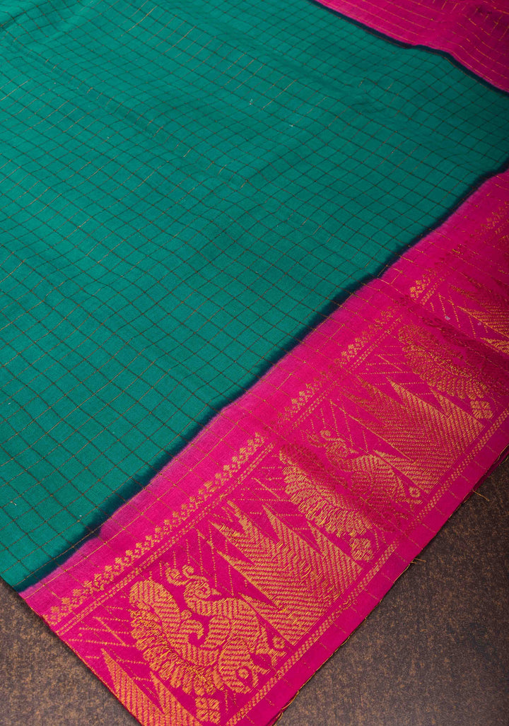 Teal Madurai Cotton Saree with Checks and Contrast Border, No Blouse Piece