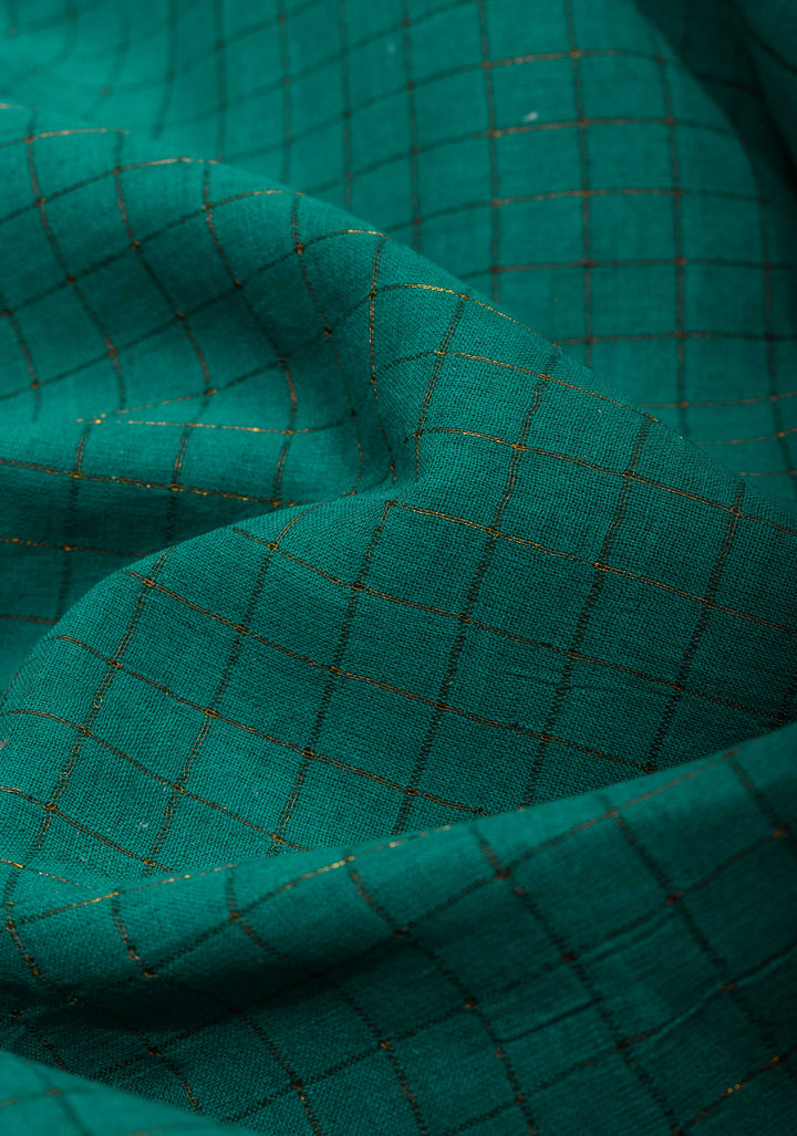 Teal Madurai Cotton Saree with Checks and Contrast Border, No Blouse Piece