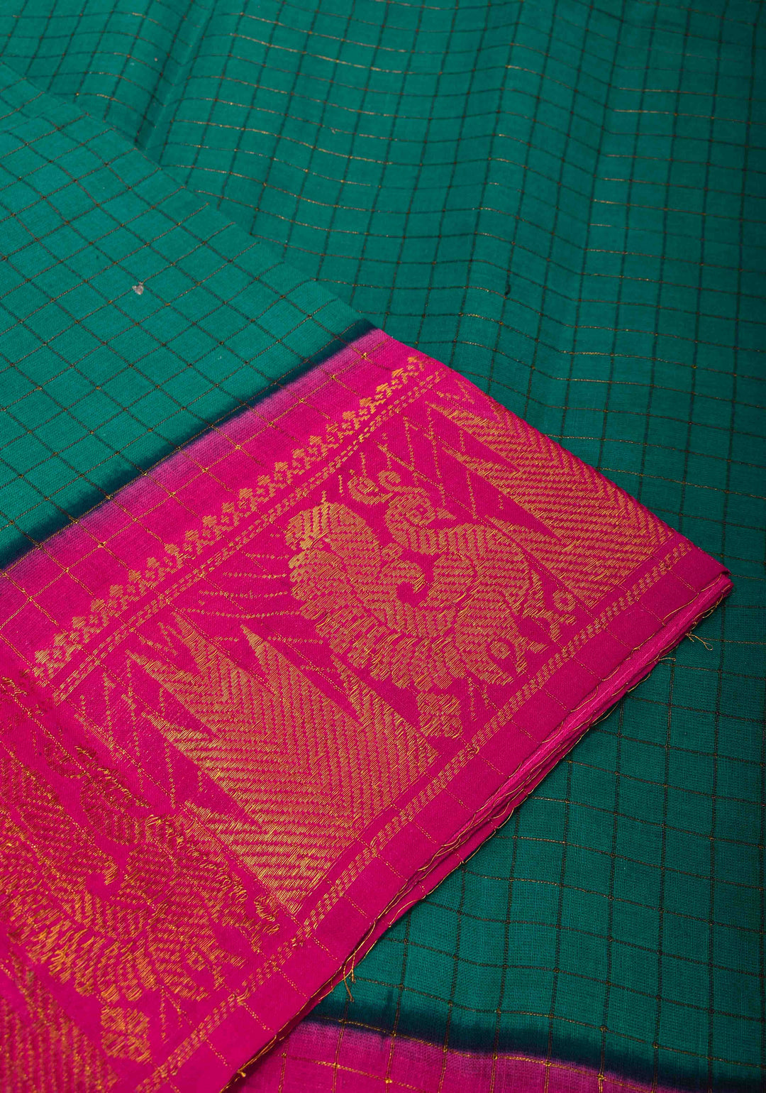 Teal Madurai Cotton Saree with Checks and Contrast Border, No Blouse Piece