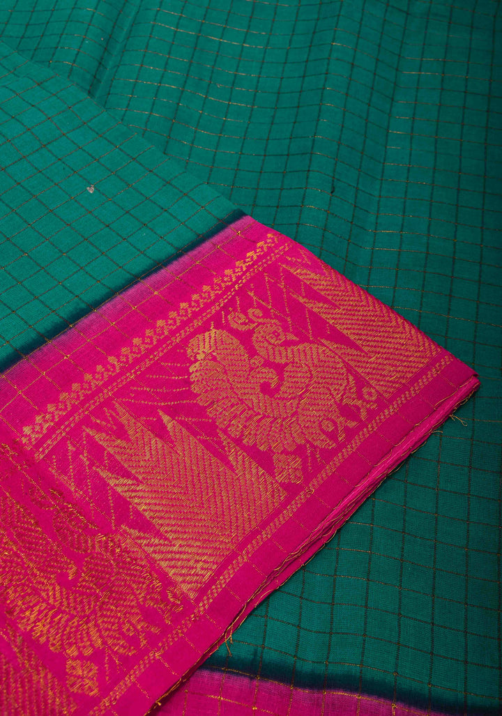 Teal Madurai Cotton Saree with Checks and Contrast Border, No Blouse Piece