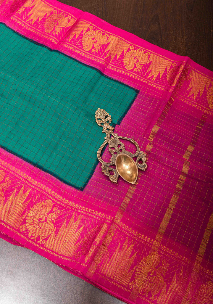 Teal Madurai Cotton Saree with Checks and Contrast Border, No Blouse Piece