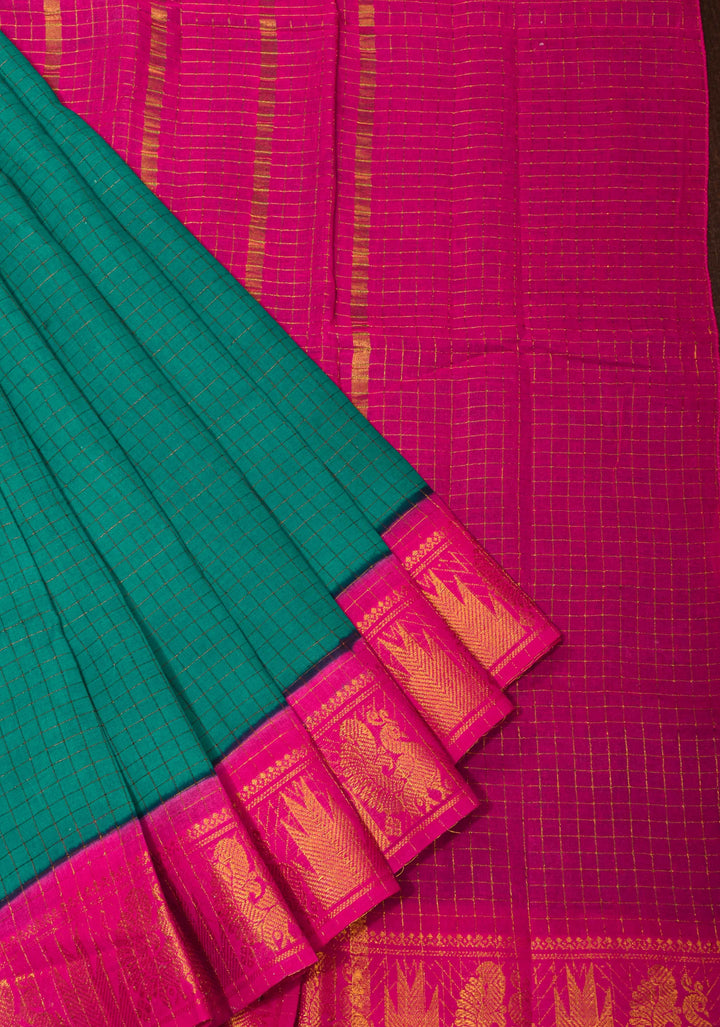 Teal Madurai Cotton Saree with Checks and Contrast Border, No Blouse Piece