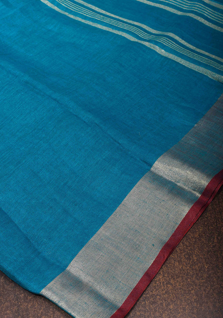 Bluish Cyan Linen by Linen Saree with Zari Border and Contrast Blouse Piece